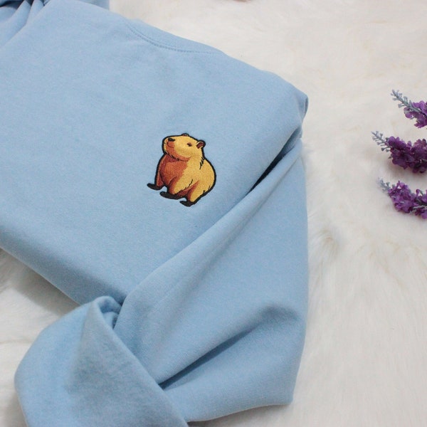Capybara Embroidered Sweatshirt Gift, Embroidered Handmade Cute Unisex Crewneck Long Sleeve Pullover Sweater  - Multiple Colors