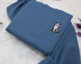 Otter Embroidered Sweatshirt Gift, Embroidered Handmade Cute Unisex Crewneck Long Sleeve Pullover Sweater  - Multiple Colors