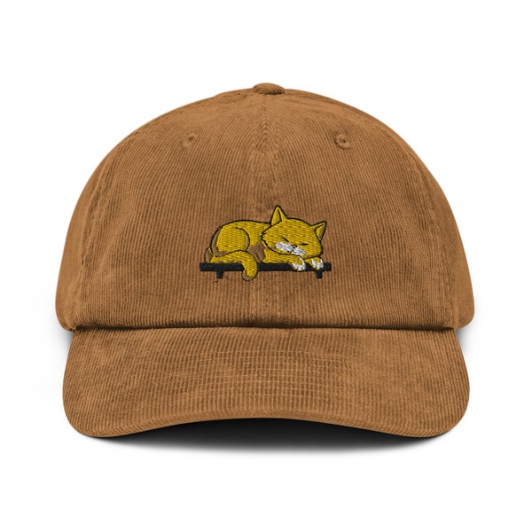 Chat endormi Chapeau en velours côtelé brodé Cadeau mignon de casquette de papa pour son cadeau d’amant de chat pour lui Casquette cool Casquette unisexe de baseball en velours côtelé faite à la main Relax