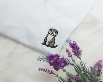 Otter Embroidered T-Shirt, Embroidered Crewneck Unisex Shirt, Short Sleeve Shirt - Multiple Colors