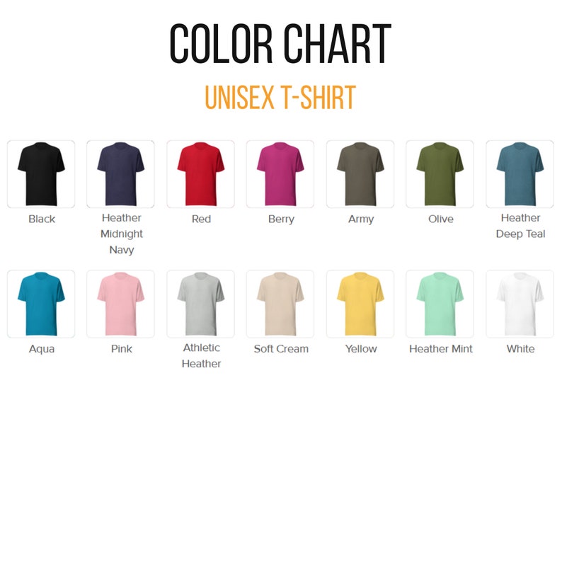 Op de afbeelding: Kleurenkaart met verschillende T-shirt kleuren die beschikbaar zijn om te kopen. De kleuren omvatten zwart, heather midnight navy, rood, bessen, leger, olijf, heather deep teal, aqua, roze, athletic heather, zachte cr&egrave;me, geel, heather mint en wit.