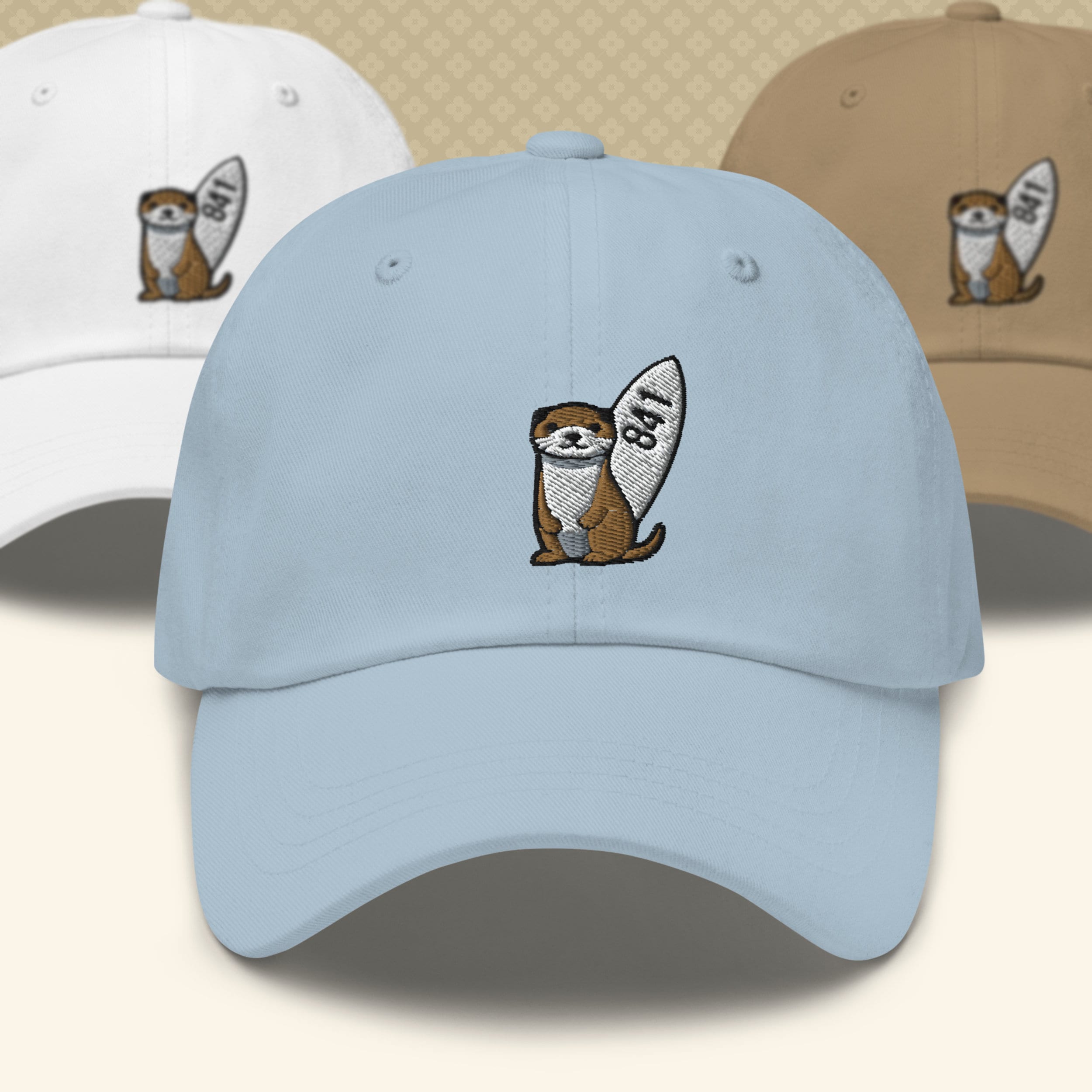841 Otter Surfer Embroidered Dad Hat, Handmade Embroidered