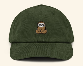 Yoga Sloth Embroidered Corduroy Hat, Handmade Sloth Corduroy Cap, Cute Unisex | Great gift idea for him for her - Multiple Colors