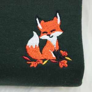 Fox Sitting On Leaves Embroidered Sweatshirt Gift, Embroidered Handmade Cute Unisex Crewneck Long Sleeve Pullover Sweater  - Multiple Colors