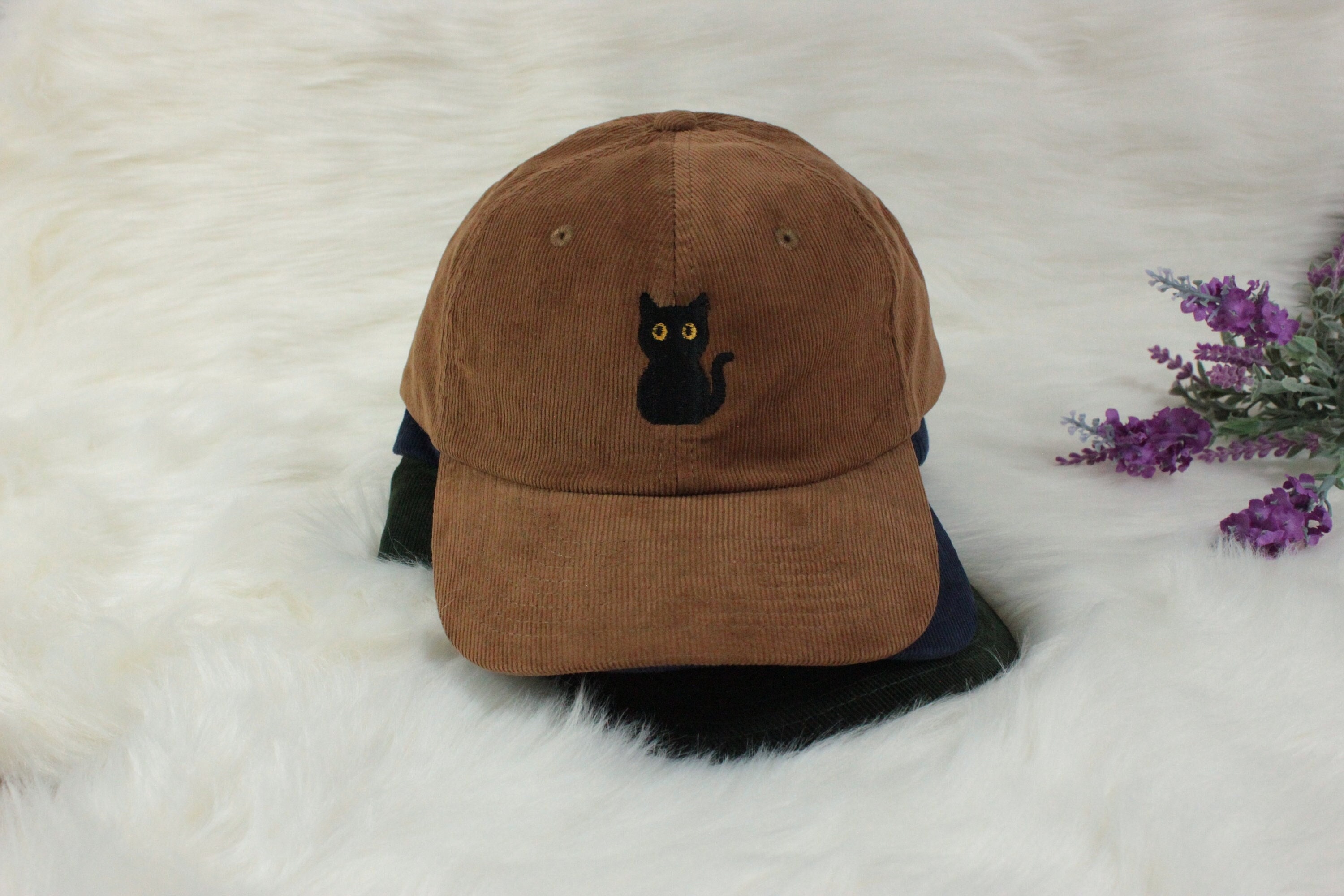 Black Cat Corduroy Premium Cap with Cat Embroidered, Cute Unisex | Great gift idea for him for her - Multiple Colors
