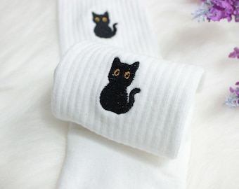 Black Cat Premium Socks Gift, Embroidered Cute Crew Socks  - Multiple Colors