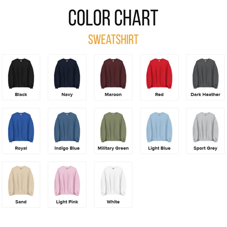 Op de afbeelding: Kleurenkaart met 14 verschillende kleuren sweatshirts. De kleuren zijn: zwart, marine, bordeauxrood, rood, donker grijs melange, koninklijk blauw, indigo, legergroen, lichtblauw, sport grijs, zand, licht roze en wit.