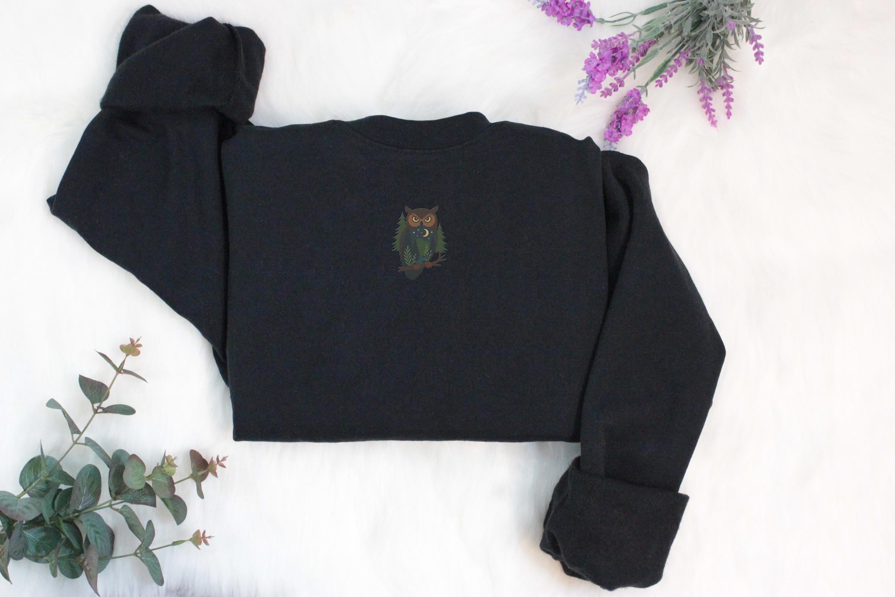 Night Owl Embroidered Sweatshirt Gift, Embroidered Handmade Cute Unisex Crewneck Long Sleeve Pullove