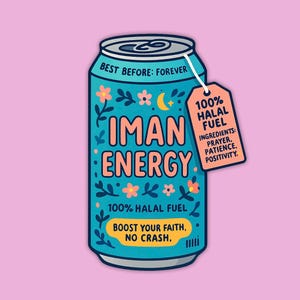 May include: A teal can with the words "IMAN ENERGY" and "100% HALAL FUEL" in white and orange. The can has floral and crescent moon designs. A tag reads "100% HALAL FUEL" with ingredients listed. The background is pink.