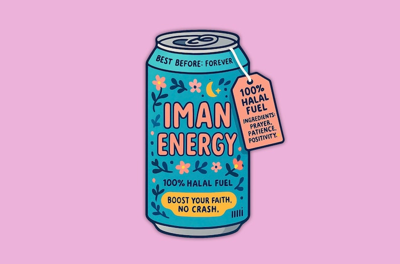 May include: A teal can with the words "IMAN ENERGY" and "100% HALAL FUEL" in white and orange. The can has floral and crescent moon designs. A tag reads "100% HALAL FUEL" with ingredients listed. The background is pink.