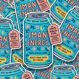 May include: A collection of stickers featuring a teal can design with the words "IMAN ENERGY" in pink. Each can has a tag that reads "100% HALAL FUEL" and the phrase "BOOST YOUR FAITH. NO CRASH."