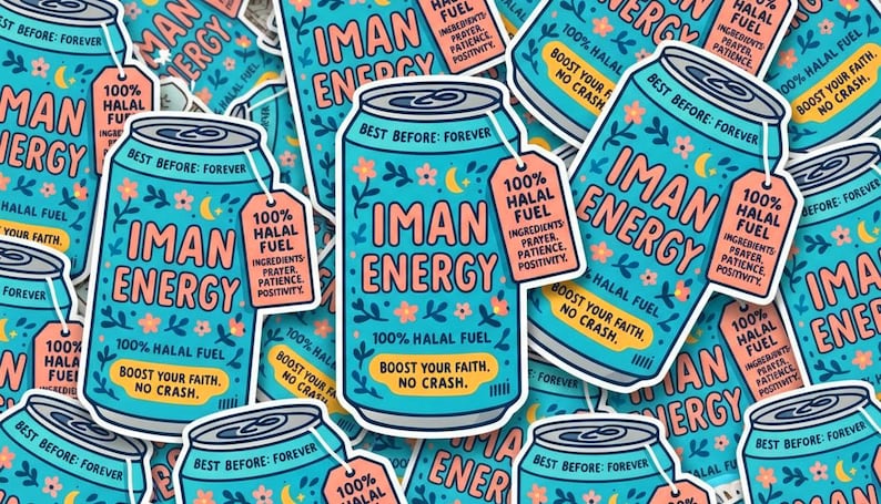 May include: A collection of stickers featuring a teal can design with the words "IMAN ENERGY" in pink. Each can has a tag that reads "100% HALAL FUEL" and the phrase "BOOST YOUR FAITH. NO CRASH."