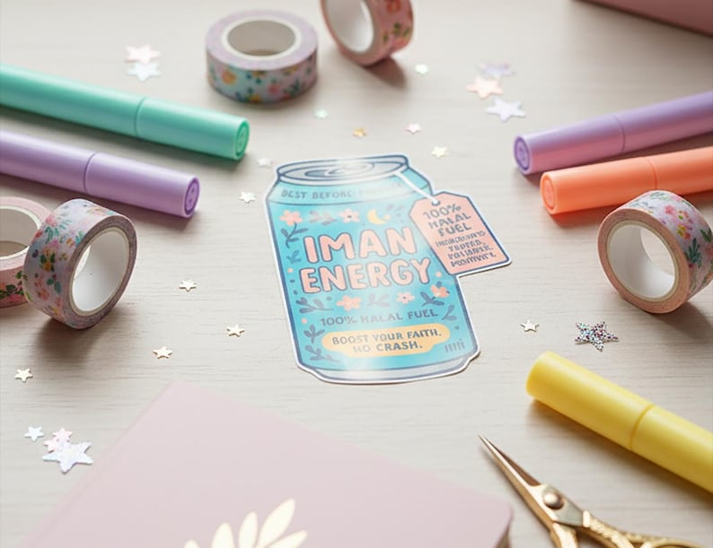May include: A light blue sticker with the text "IMAN ENERGY" and a floral design, alongside colorful markers, floral patterned washi tape, a pink notebook, and gold scissors. The sticker reads "100% Halal Fuel."