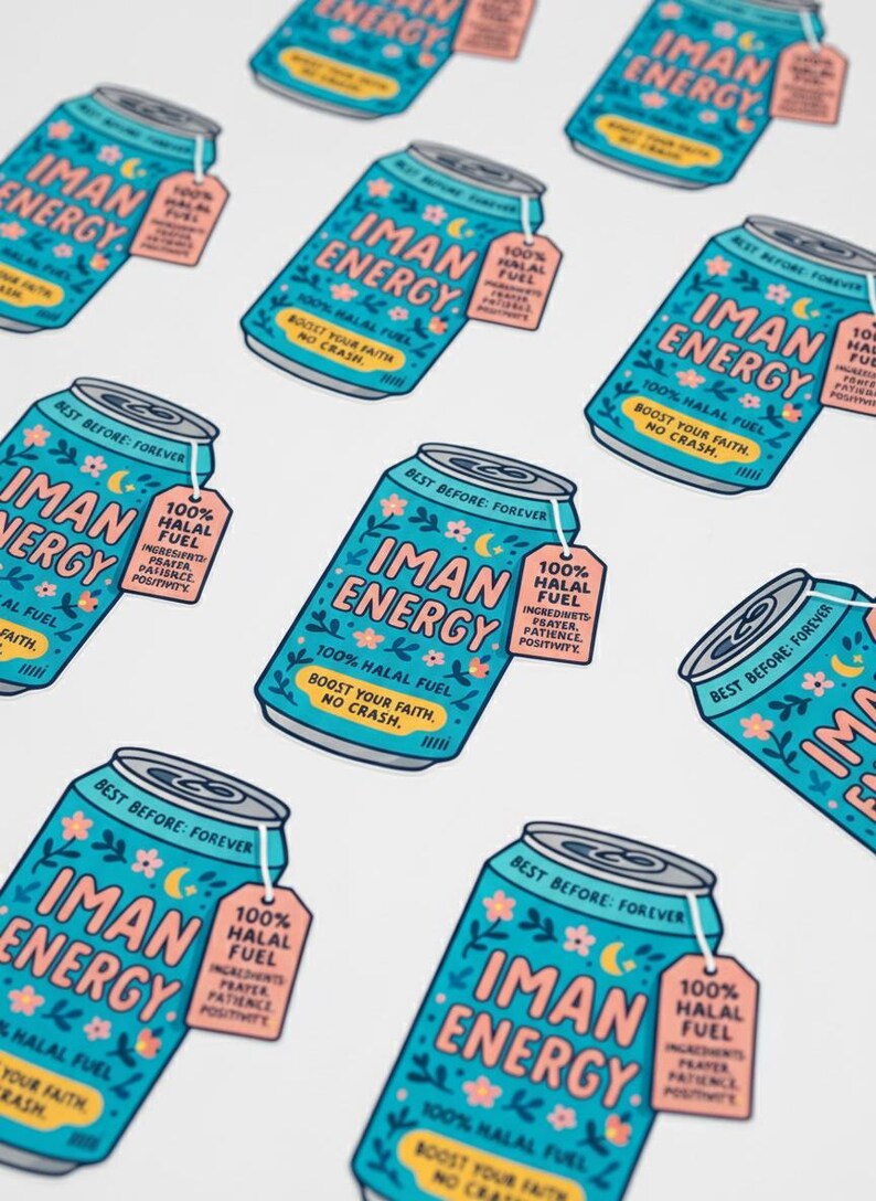 May include: A collection of teal-colored can stickers with the words "IMAN ENERGY" in pink, adorned with floral and crescent moon designs. Each sticker includes a tag that reads "100% HALAL FUEL" and the phrase "BOOST YOUR FAITH, NO CRASH."
