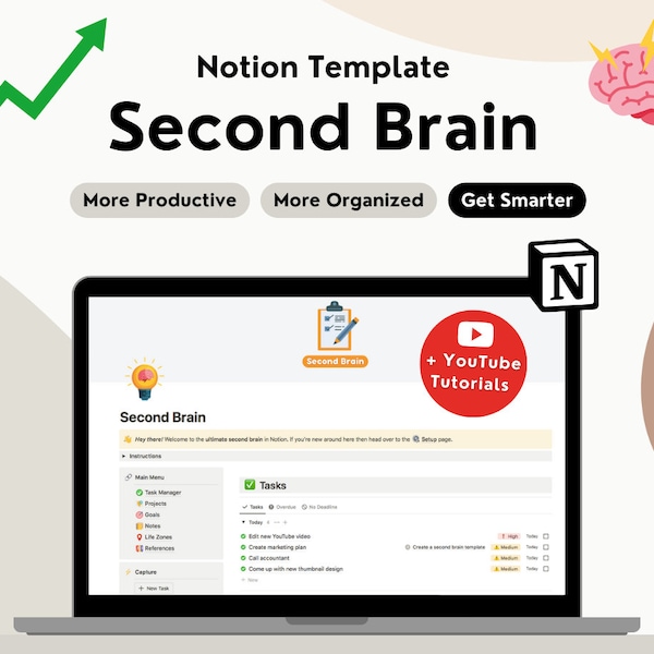 Notion Second Brain Template, Notion Dashboard, All-in-one Productivity Template, Notion Task Manager Template