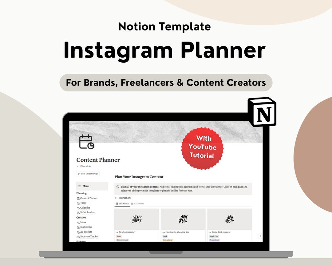 Notion Template Instagram Content Planner, Notion Social Media Planner
