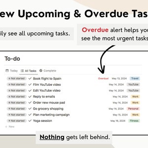 May include: A to-do list app with a white background and a blue header. The header says "View Upcoming & Overdue Tasks". The app shows a list of tasks with checkboxes, due dates, and categories. The app also has a section for overdue tasks.