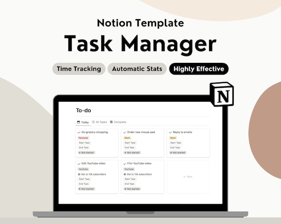 Notion Task Manager With Time Tracking, Notion Task Tracker, Notion To Do List With Time Tracker & Statistics