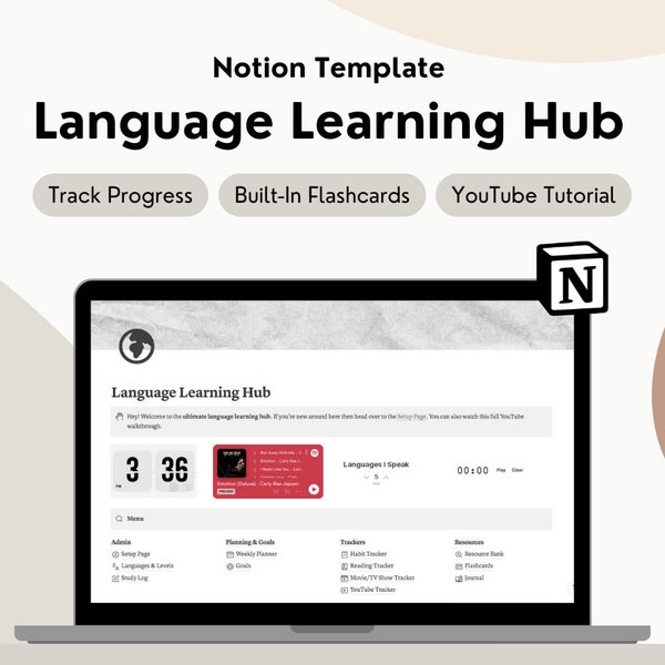 Notion Language Learning Template, Notion Language Template, Language Learning Planner, Language Learning Tracker