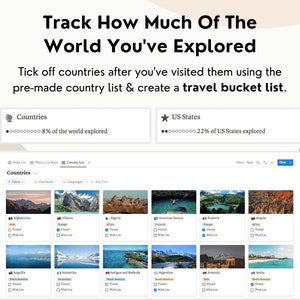 May include: A screenshot of a website featuring a list of countries and US states. Users can track their travel progress by ticking off visited locations and creating a travel bucket list.
