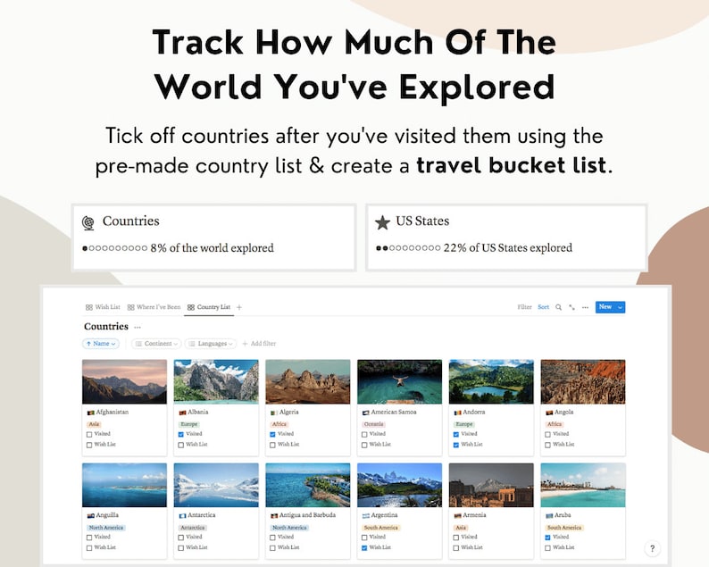 May include: A screenshot of a website featuring a list of countries and US states. Users can track their travel progress by ticking off visited locations and creating a travel bucket list.
