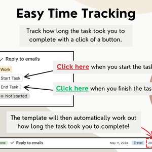 May include: A diagram showing how to use a time tracking template. The template has a checklist with a task called "Reply to emails" and buttons to start and end the task. The buttons are labeled "Click here" and are colored red and green. The template also shows a timer that tracks the time spent on the task.