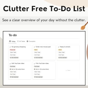 May include: A screenshot of a to-do list app with a clean, clutter-free interface. The app displays tasks organized by category, with checkboxes for completion. The categories include "Personal", "Work", and "YouTube". The tasks include "Go grocery shopping", "Order new mouse pad", "Reply to emails", "Edit YouTube video", and "Film YouTube video".