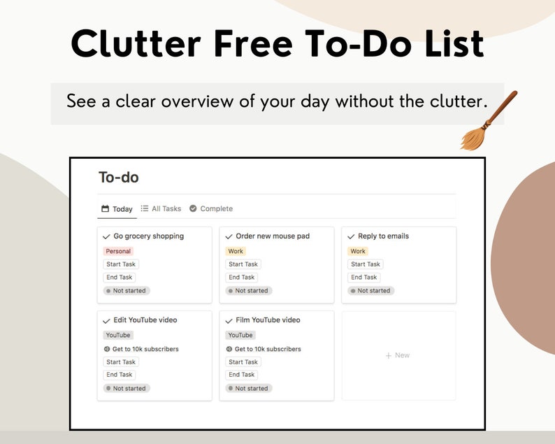 May include: A screenshot of a to-do list app with a clean, clutter-free interface. The app displays tasks organized by category, with checkboxes for completion. The categories include "Personal", "Work", and "YouTube". The tasks include "Go grocery shopping", "Order new mouse pad", "Reply to emails", "Edit YouTube video", and "Film YouTube video".