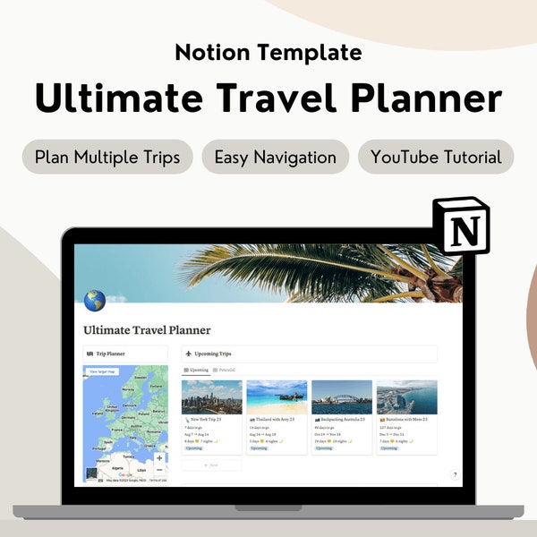 Plantilla de planificador de viajes de Notion, Planificador de viajes de plantilla de Notion, Planificador de vacaciones, Organizador de viajes