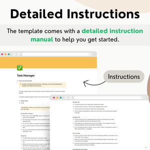 May include: A screenshot of a computer screen showing a task manager template with instructions on how to use it. The template is yellow and has a green checkmark. The instructions are in a separate window and are white with a green border.