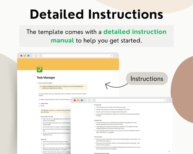May include: A screenshot of a computer screen showing a task manager template with instructions on how to use it. The template is yellow and has a green checkmark. The instructions are in a separate window and are white with a green border.