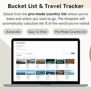 May include: A laptop computer screen displaying a website with a list of countries. The website is titled "Bucket List & Travel Tracker" and has a search bar and a list of countries with images. The website allows users to track the countries they have visited and the countries they want to visit.