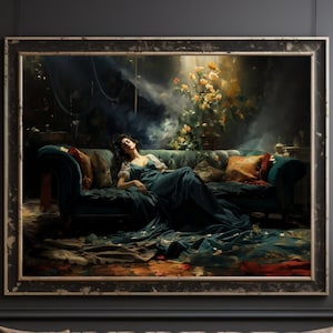 Romantic Victorian Art Elegant Woman Portrait Azure Emerald Wall Decor Dreamy Imagery Timeless Home Decor Vintage Wall Art Living Room Art