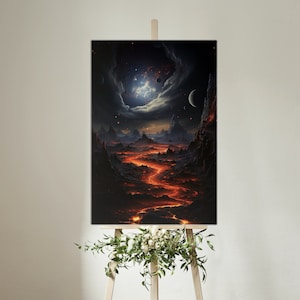 Vibrant Fantasy Apocalyptic Surrealism: &#39;The Obsidian Expanse&#39; - Dark Landscape with Silhouetted Mountains, Fiery Magma, and Ephemeral Light