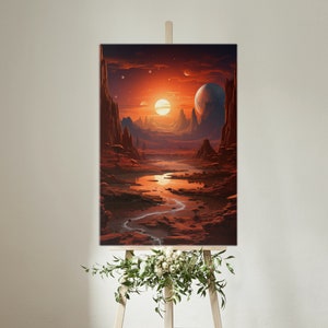 May include: A digital painting of a red and orange alien landscape with a river winding through it. The sun is setting in the distance, casting a warm glow over the scene. There is a large, blue planet in the sky.