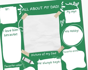 Dad gift All about my Dad, Printable gift questionnaire for kids, Instant download, Fill in the blank birthday Father's day, printable