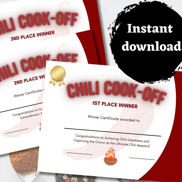 Chili Cook Off Certificate | INSTANT DOWNLOAD | Chili Competition Awards | Chili Winner | Chili Tasting | Chili Pot Number | Chili Judging