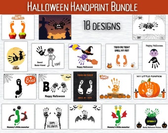 May include: A set of 18 printable Halloween handprint designs. The designs include a variety of spooky and cute characters, such as ghosts, bats, pumpkins, and skeletons. The designs are perfect for creating personalized Halloween crafts with children.