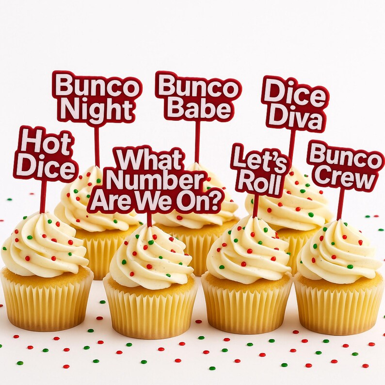 Bunco Cupcake Toppers, 8 Reusable Bunco Saying Picks, Bunco Party Decor, Game Night Treat Toppers, Bunco Gift Bunco Party Supplies Red and White