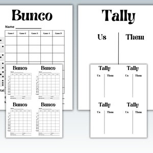 Bunco Score Sheets with Tally | 3 sizes | INSTANT DOWNLOAD | Bunco Tally | Plain Bunco Scoresheets | 4 to a Page Bunco Sheets