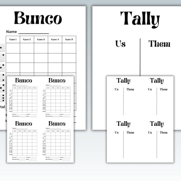 Bunco Score Sheets with Tally | 3 sizes | INSTANT DOWNLOAD | Bunco Tally | Plain Bunco Scoresheets | 4 to a Page Bunco Sheets