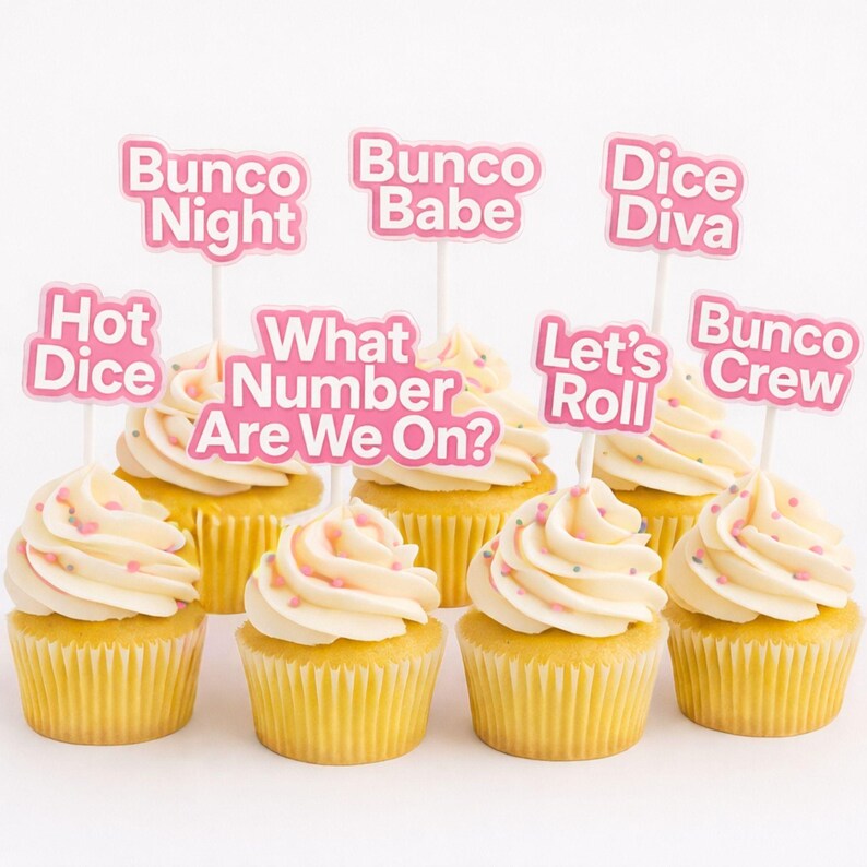 Bunco Cupcake Toppers, 8 Reusable Bunco Saying Picks, Bunco Party Decor, Game Night Treat Toppers, Bunco Gift Bunco Party Supplies White and Pink