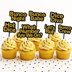 Bunco Cupcake Toppers, 8 Reusable Bunco Saying Picks, Bunco Party Decor, Game Night Treat Toppers, Bunco Gift Bunco Party Supplies Black and Gold