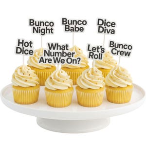 Bunco Cupcake Toppers, 8 Reusable Bunco Saying Picks, Bunco Party Decor, Game Night Treat Toppers, Bunco Gift Bunco Party Supplies White and Black