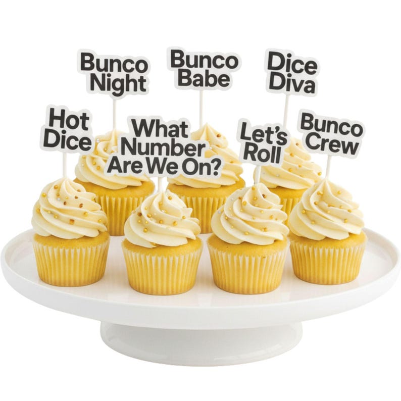 Bunco Cupcake Toppers, 8 Reusable Bunco Saying Picks, Bunco Party Decor, Game Night Treat Toppers, Bunco Gift Bunco Party Supplies White and Black