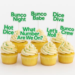 Bunco Cupcake Toppers, 8 Reusable Bunco Saying Picks, Bunco Party Decor, Game Night Treat Toppers, Bunco Gift Bunco Party Supplies White and Green