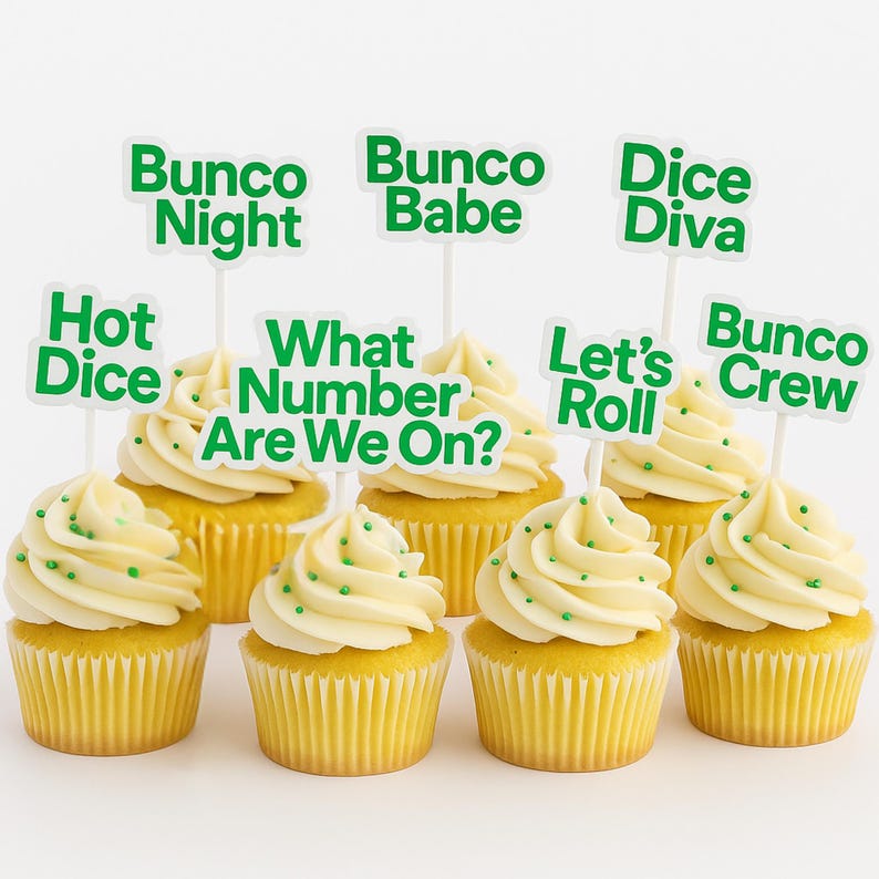 Bunco Cupcake Toppers, 8 Reusable Bunco Saying Picks, Bunco Party Decor, Game Night Treat Toppers, Bunco Gift Bunco Party Supplies White and Green