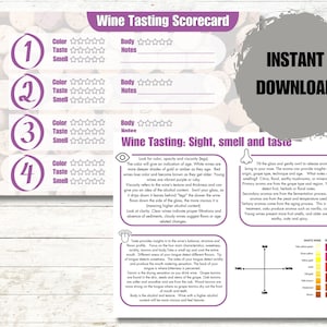 Wine tasting scorecard and wine guide for blind wine tasting party. Printable score card kit for wine party. Printable download.