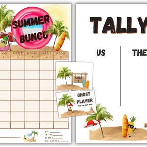 May include: A printable summer bunco game scorecard with a pink and white beach-themed design. The scorecard includes a tally sheet for keeping track of wins and losses, as well as a space for recording the names of the players. The game is perfect for a summer party or gathering.