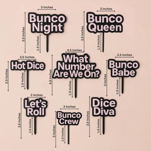 May include: A collection of black photo booth props with white text, including phrases like "Bunco Night," "Bunco Queen," and "Hot Dice." Each prop has a black stick for holding. Measurements are provided in inches.
